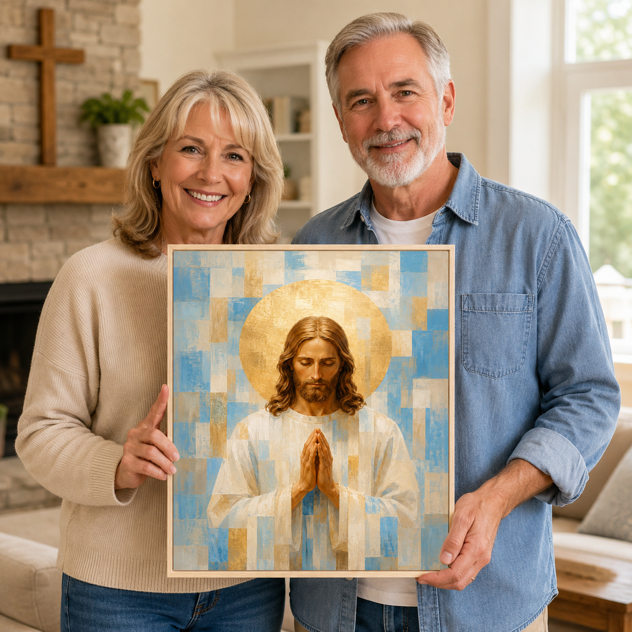 Light Blue and Gold Geometric Praying Jesus Canvas - Modern Christian Decor