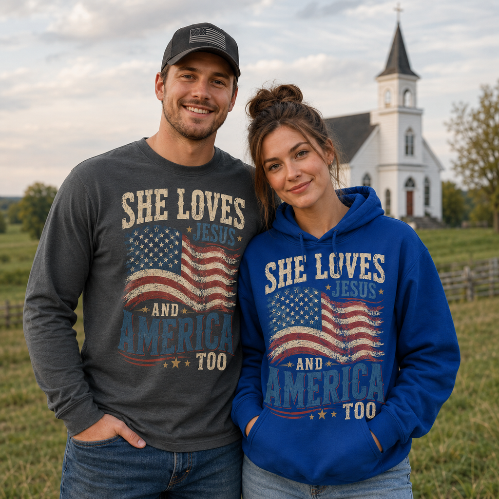 She Loves Jesus And America Too Unisex T-shirt, Women's T-shirt, Unisex Long Sleeve, Sweatshirt, Hoodie, Zip Hoodie