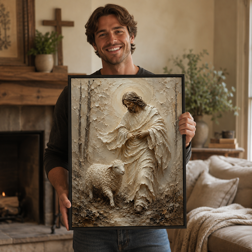 Jesus and Lamb Impasto Style Canvas Print - Modern Farmhouse Religious Art