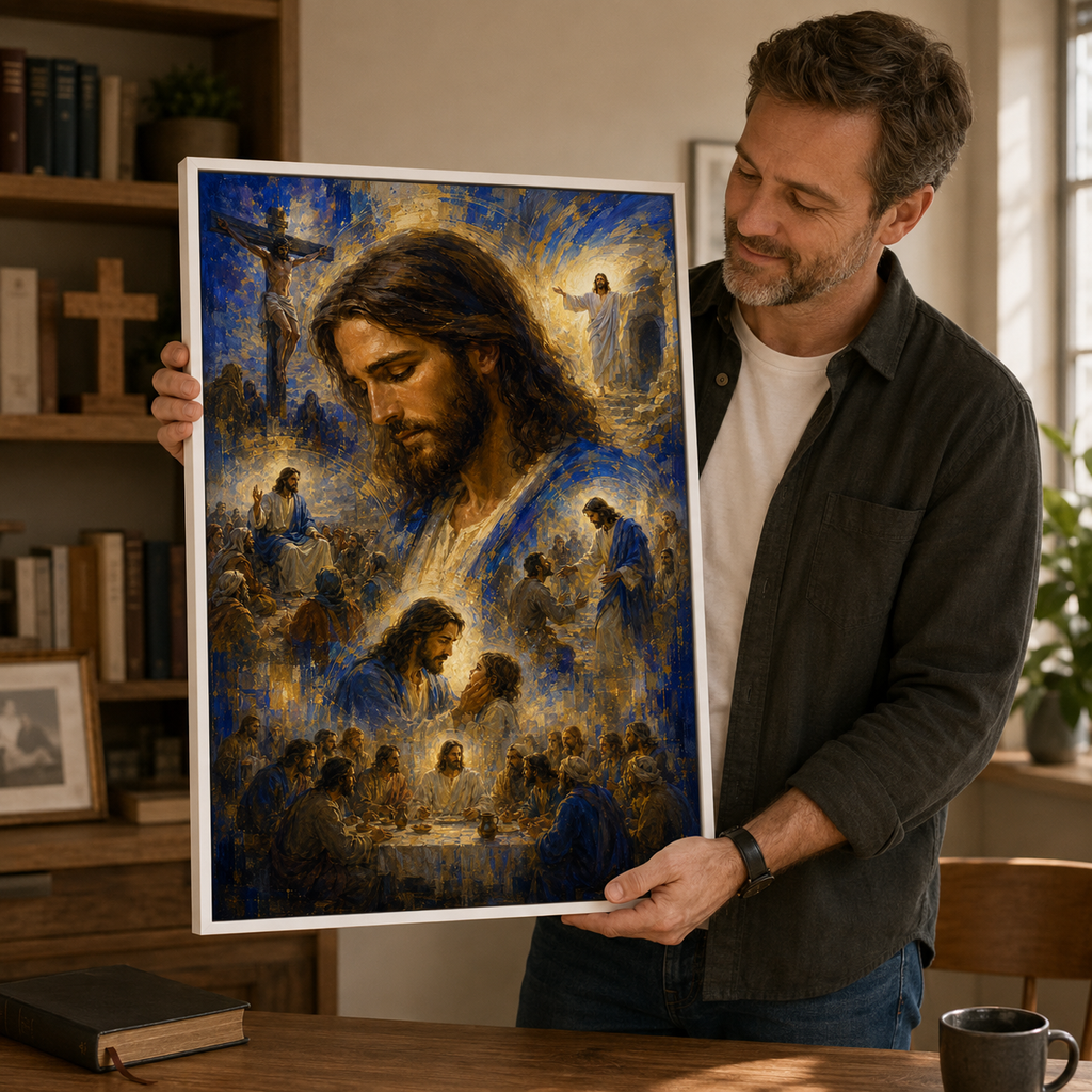 Impressionist Jesus Journey Montage Canvas Print - Blue Religious Wall Decor