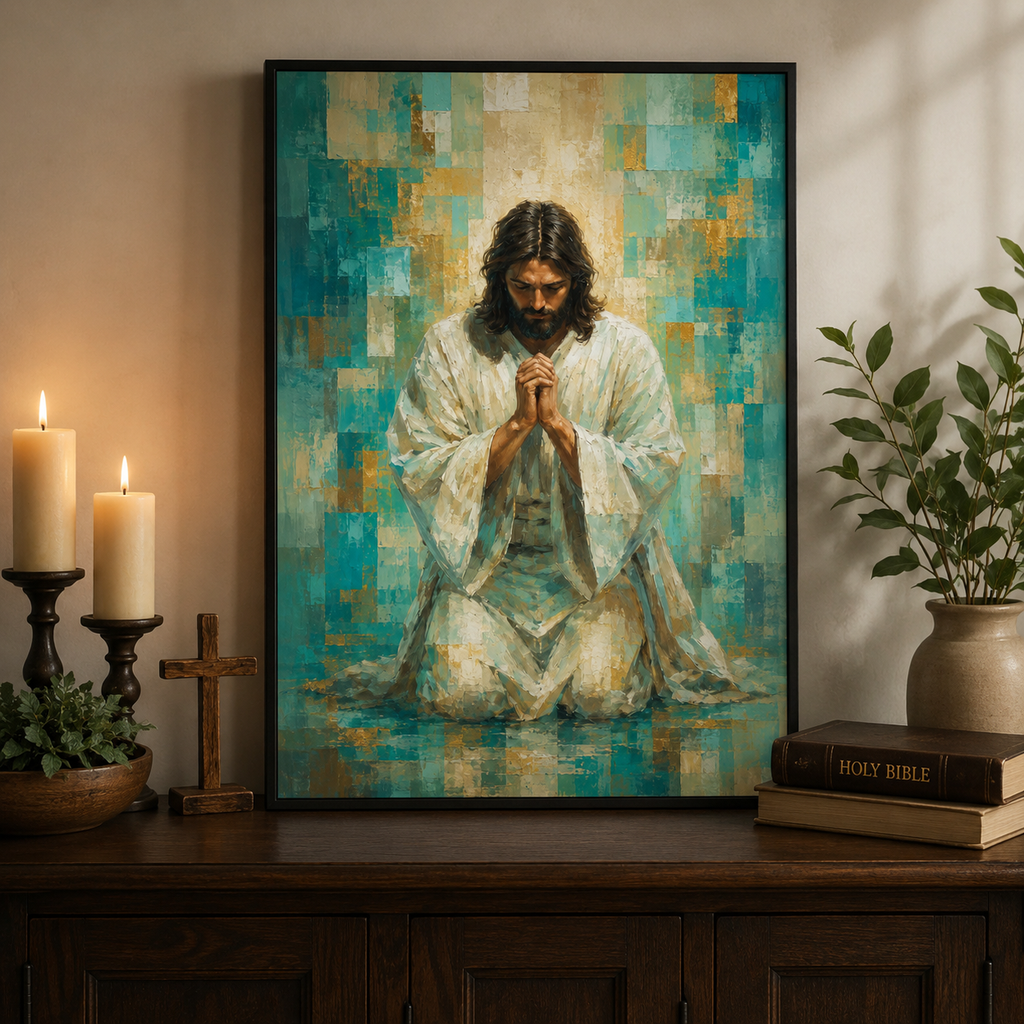 Divine Radiance: Premium Teal & Gold Jesus Canvas