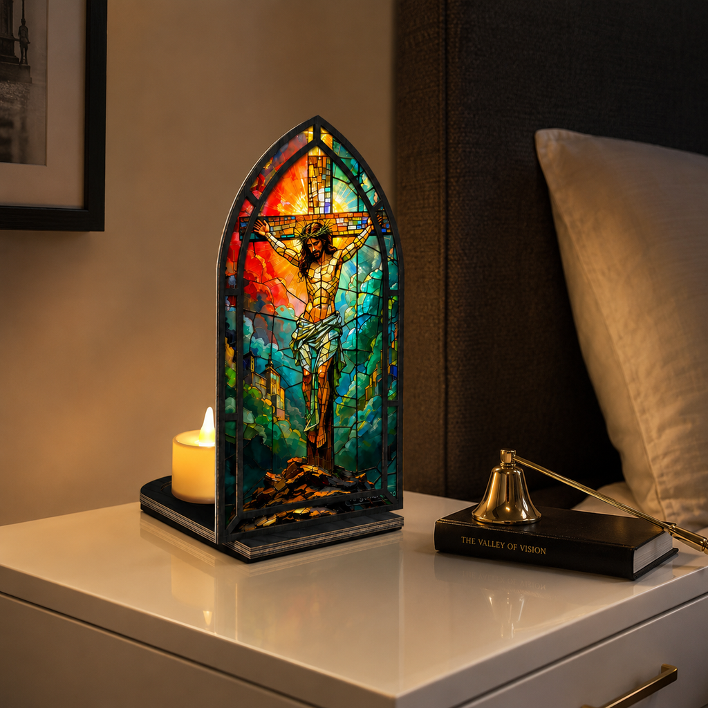Sacred Heart Jesus Tabletop Decor: Stained Glass Aesthetic (Premium Acrylic & Wood - No Candles))