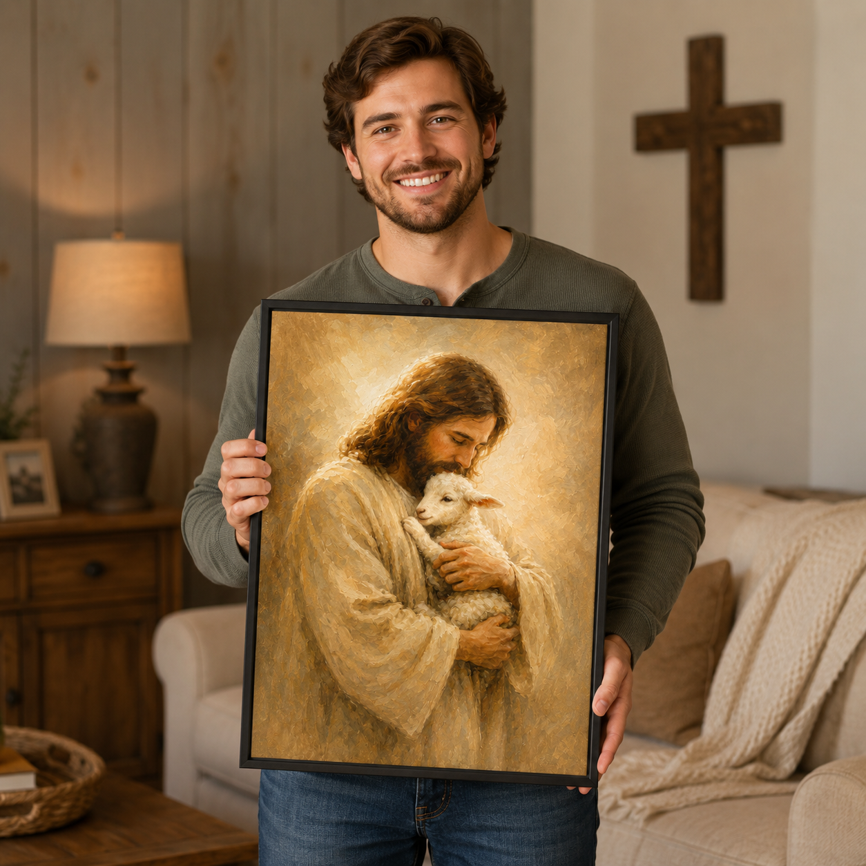 The Good Shepherd Jesus and Lamb Canvas Wall Art - Christian Home Decor