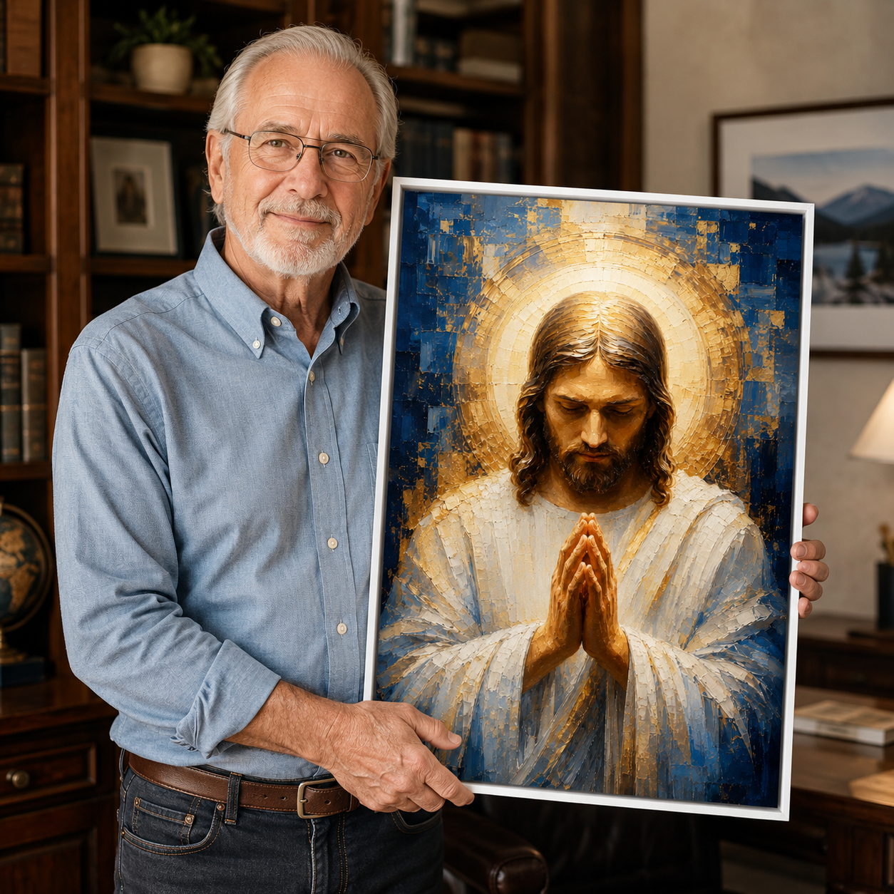 Blue and Gold Praying Jesus Canvas Wall Art - Textured Christian Decor