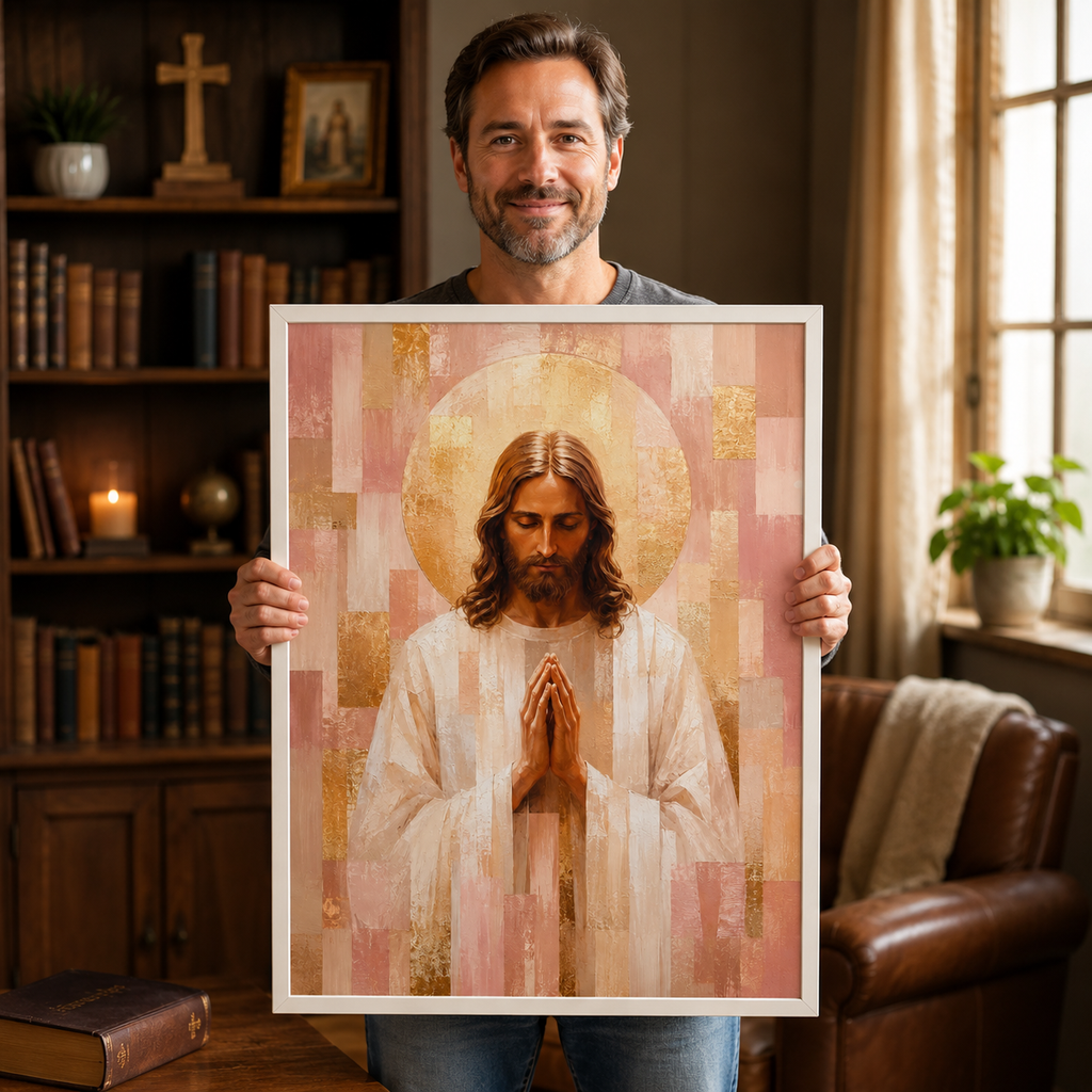 Blush Pink and Gold Geometric Praying Jesus Canvas - Modern Christian Decor