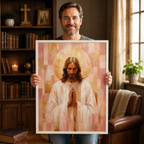 Blush Pink and Gold Geometric Praying Jesus Canvas - Modern Christian Decor