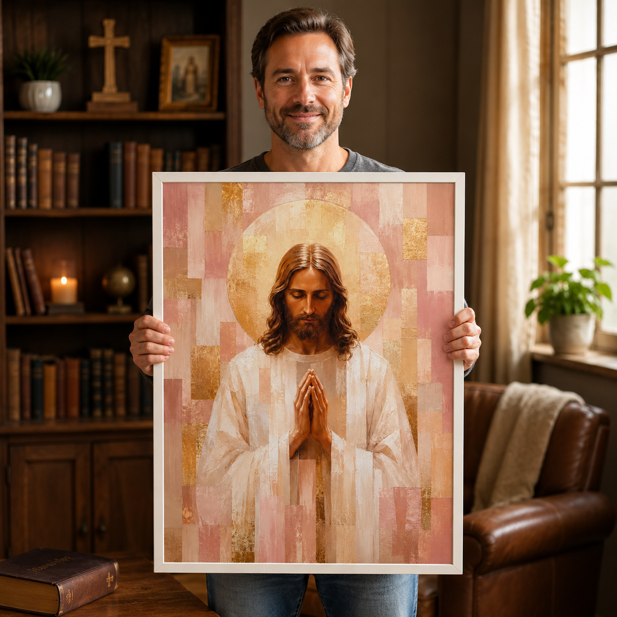 Blush Pink and Gold Geometric Praying Jesus Canvas - Modern Christian Decor