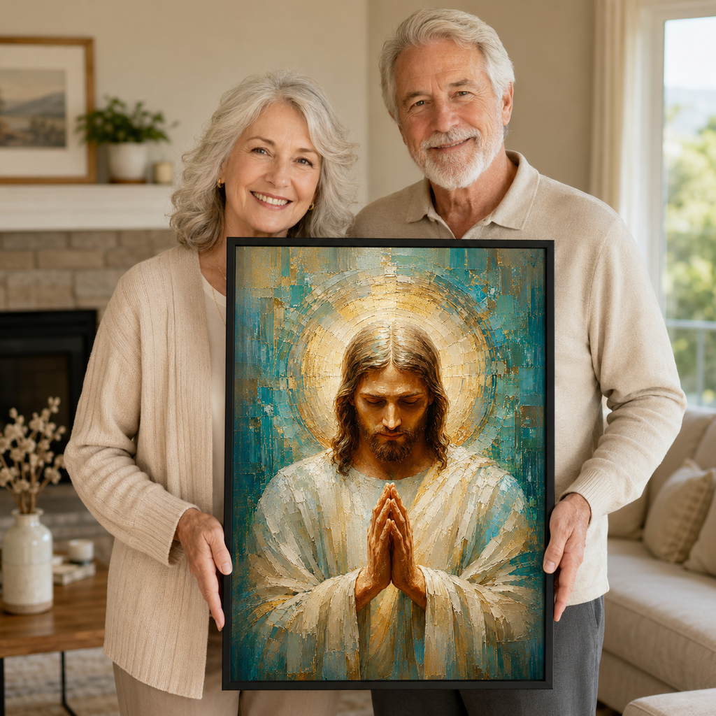 Impasto Jesus in Prayer Canvas Print - Blue Religious Wall Decor