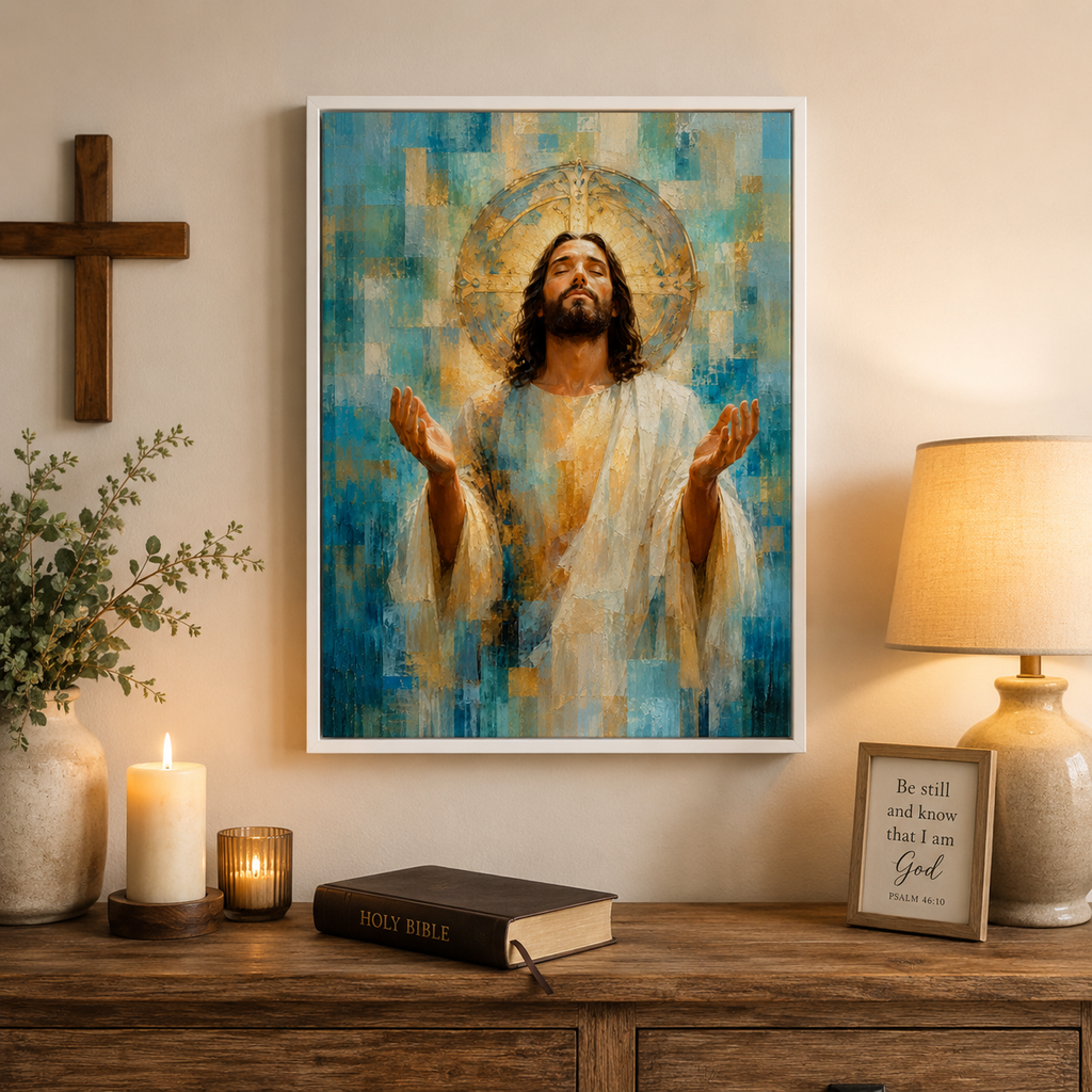 The Divine Embrace: Premium Blue & Gold Jesus Canvas