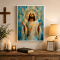 The Divine Embrace: Premium Blue & Gold Jesus Canvas