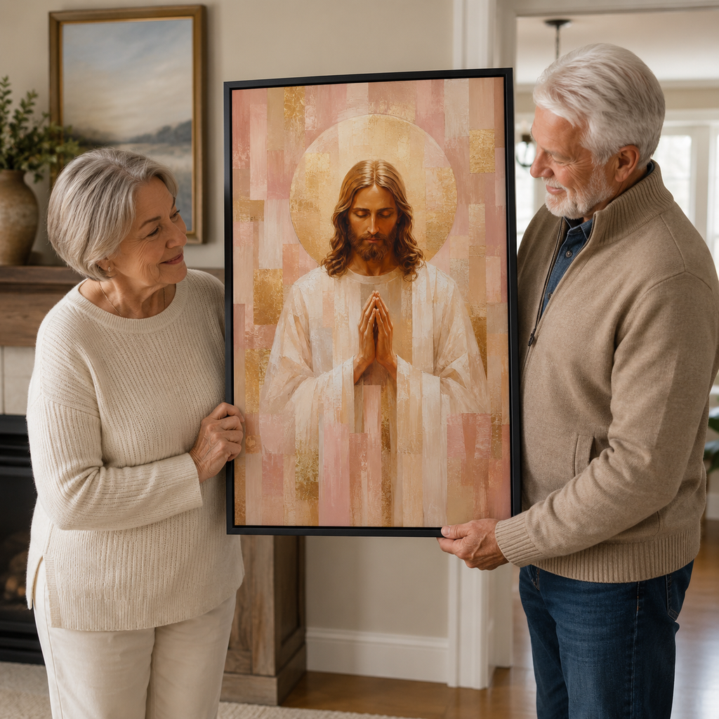 Blush Pink and Gold Geometric Praying Jesus Canvas - Modern Christian Decor