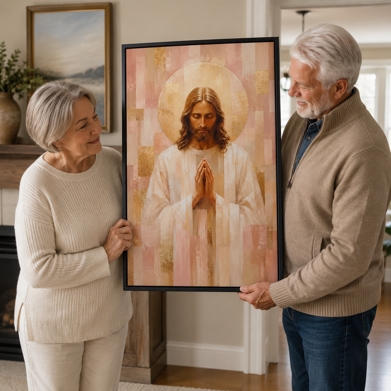 Blush Pink and Gold Geometric Praying Jesus Canvas - Modern Christian Decor