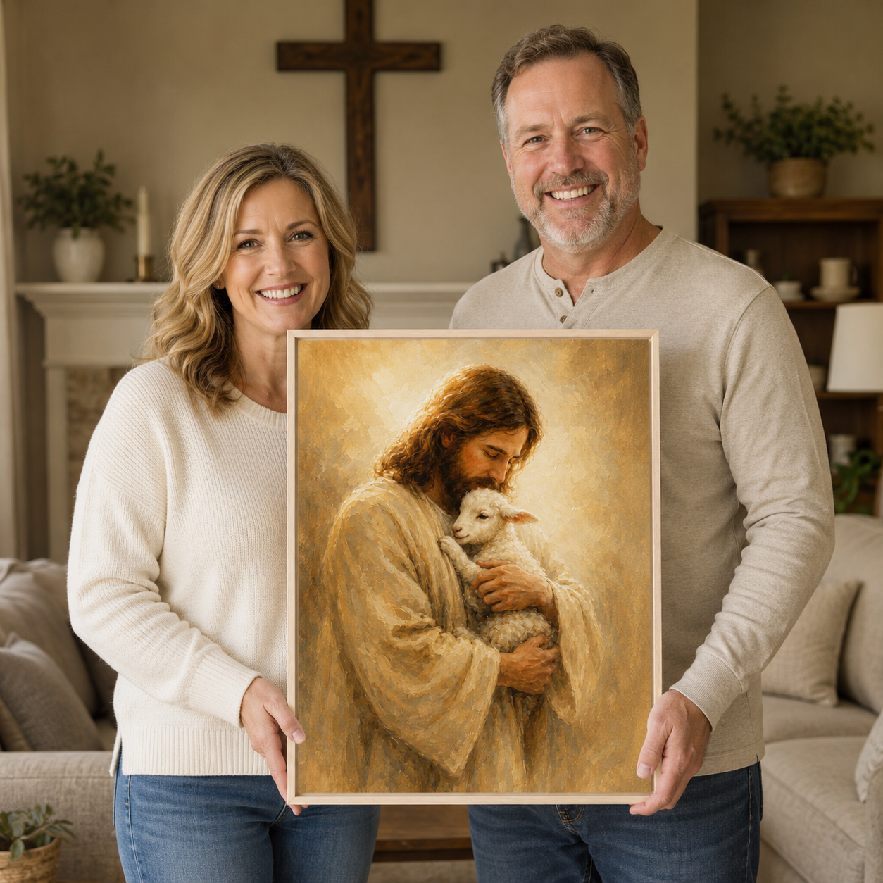 The Good Shepherd Jesus and Lamb Canvas Wall Art - Christian Home Decor