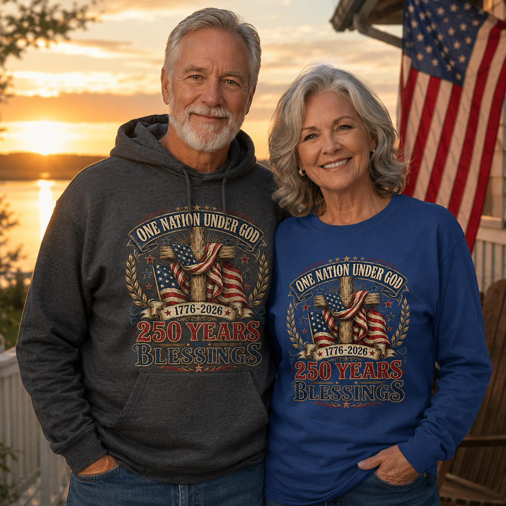 One Nation Under God 250 Years Blessings Unisex T-shirt, Women's T-shirt, Unisex Long Sleeve, Sweatshirt, Hoodie, Zip Hoodie