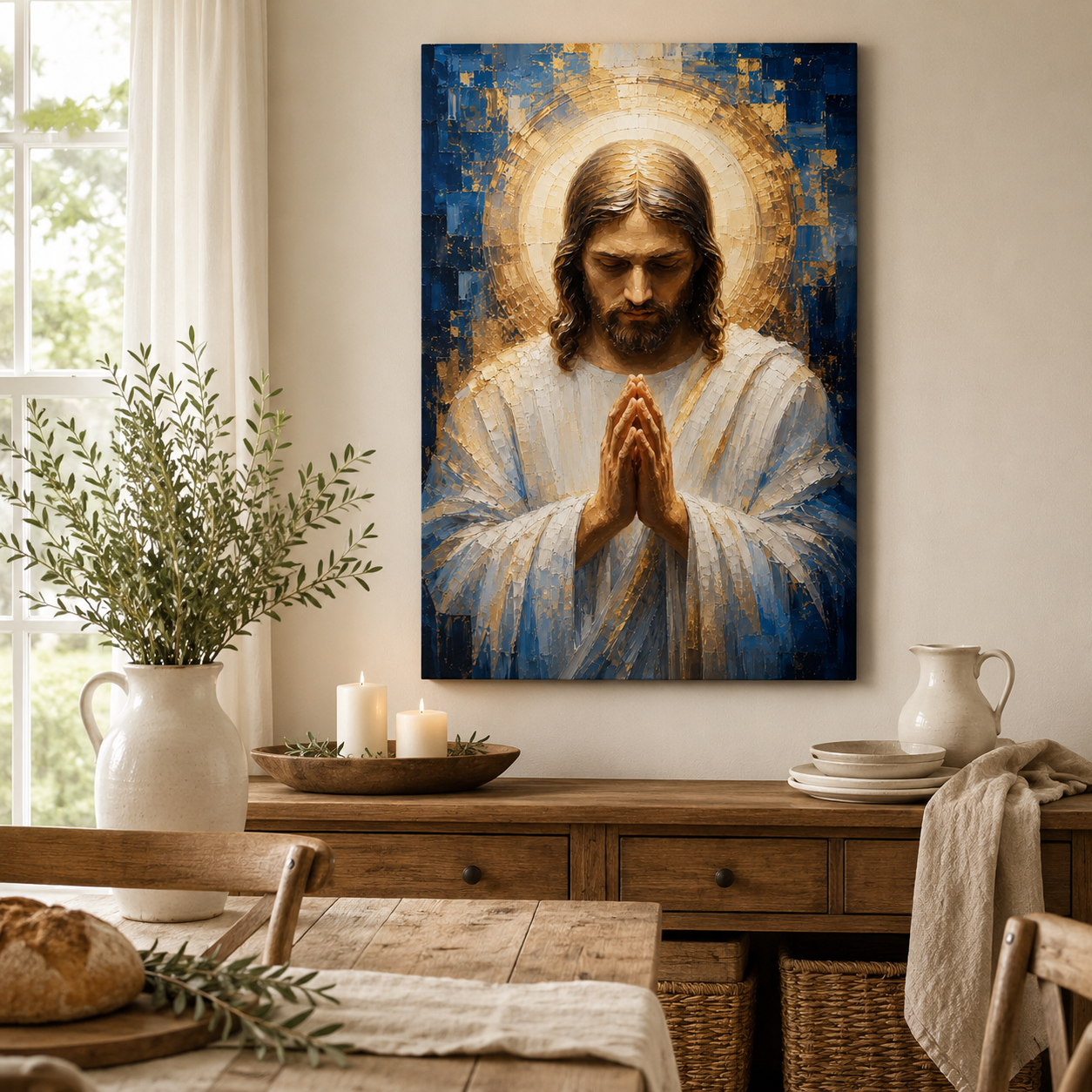 Blue and Gold Praying Jesus Canvas Wall Art - Textured Christian Decor