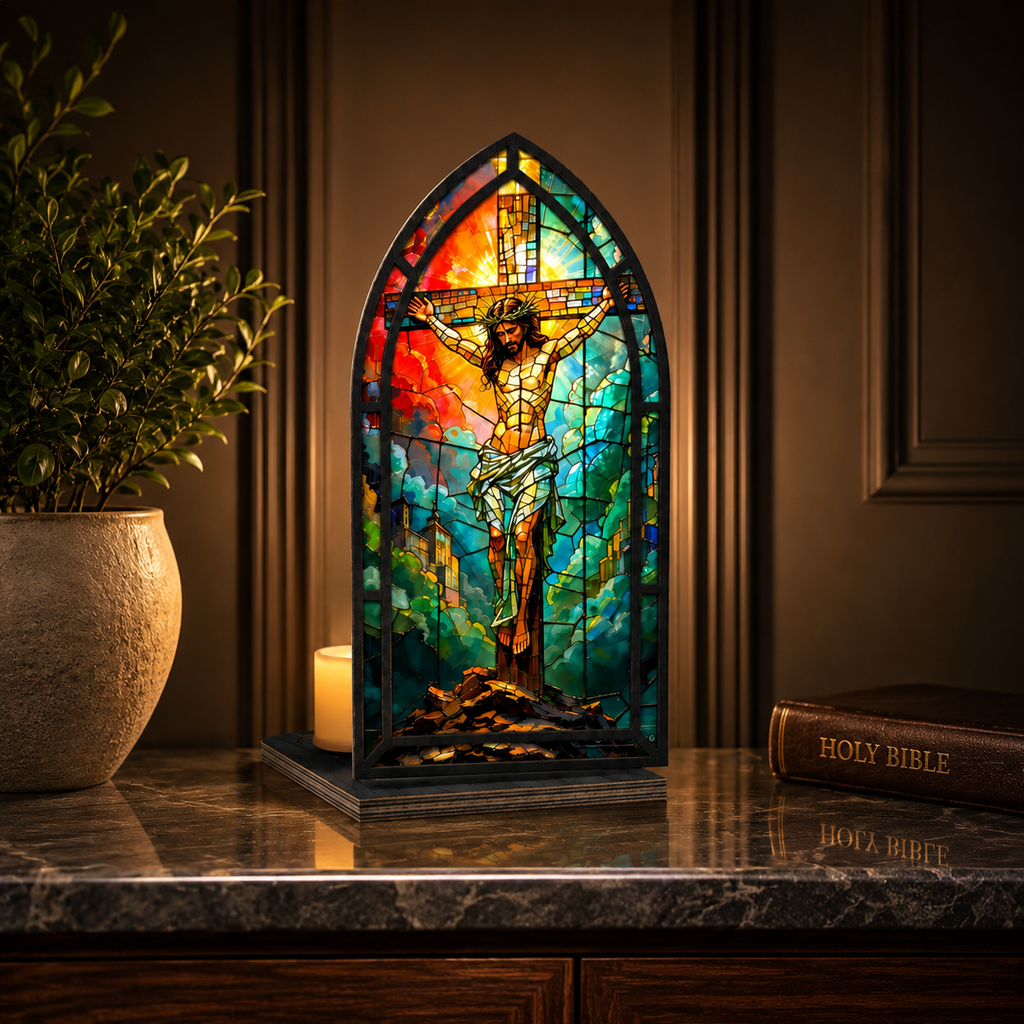 Sacred Heart Jesus Tabletop Decor: Stained Glass Aesthetic (Premium Acrylic & Wood - No Candles))
