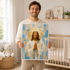 Light Blue and Gold Geometric Praying Jesus Canvas - Modern Christian Decor