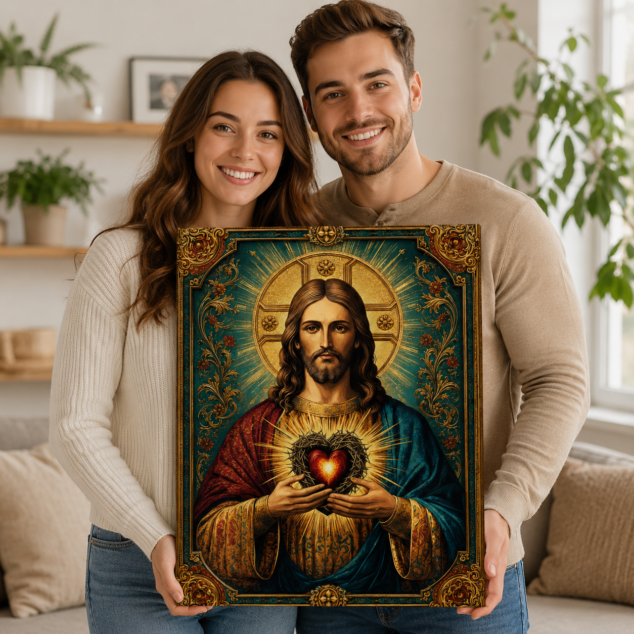 Sacred Heart of Jesus Canvas Wall Art, Catholic Christian Jesus Portrait, Vintage Religious Wall Decor, Framed Christian Gift