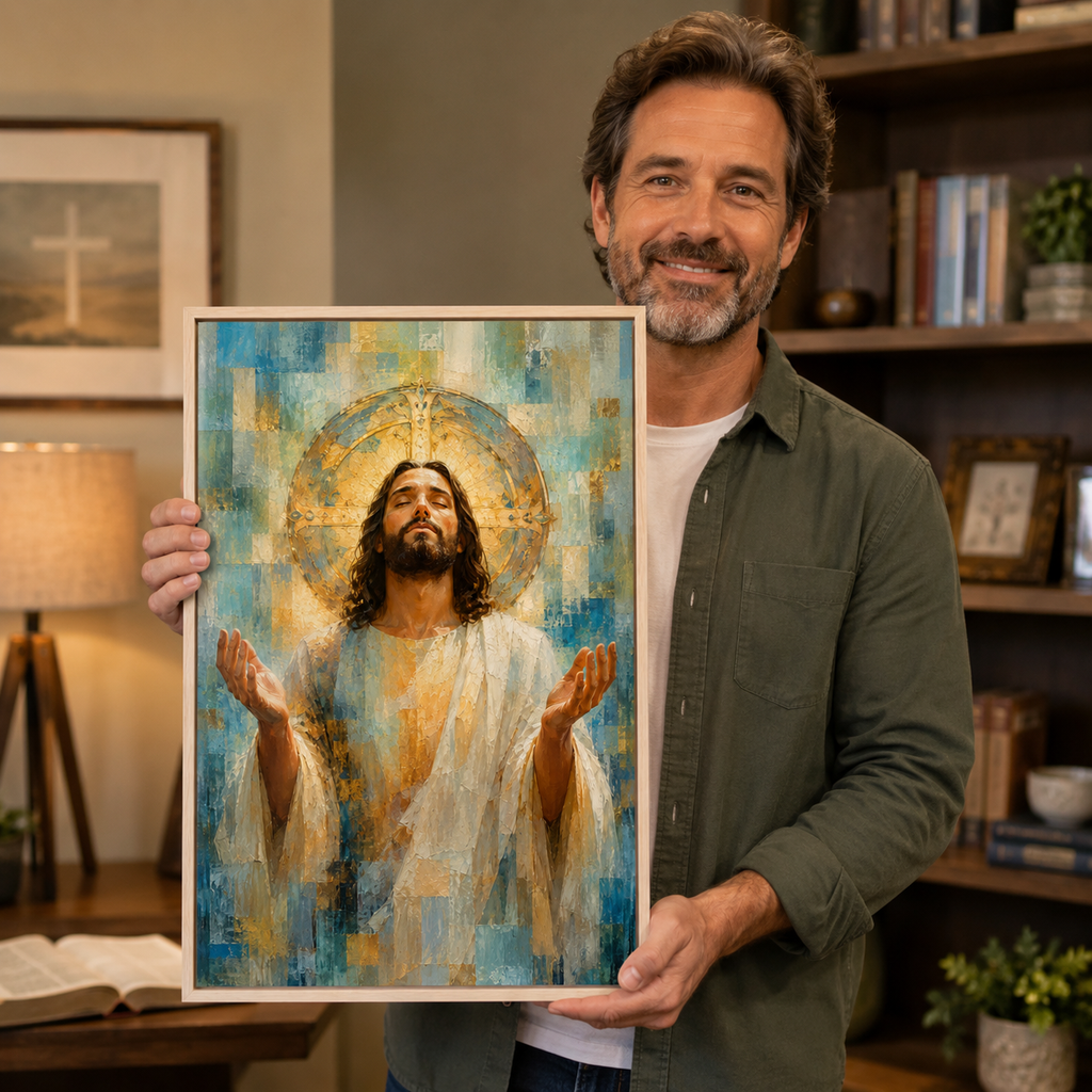 The Divine Embrace: Premium Blue & Gold Jesus Canvas