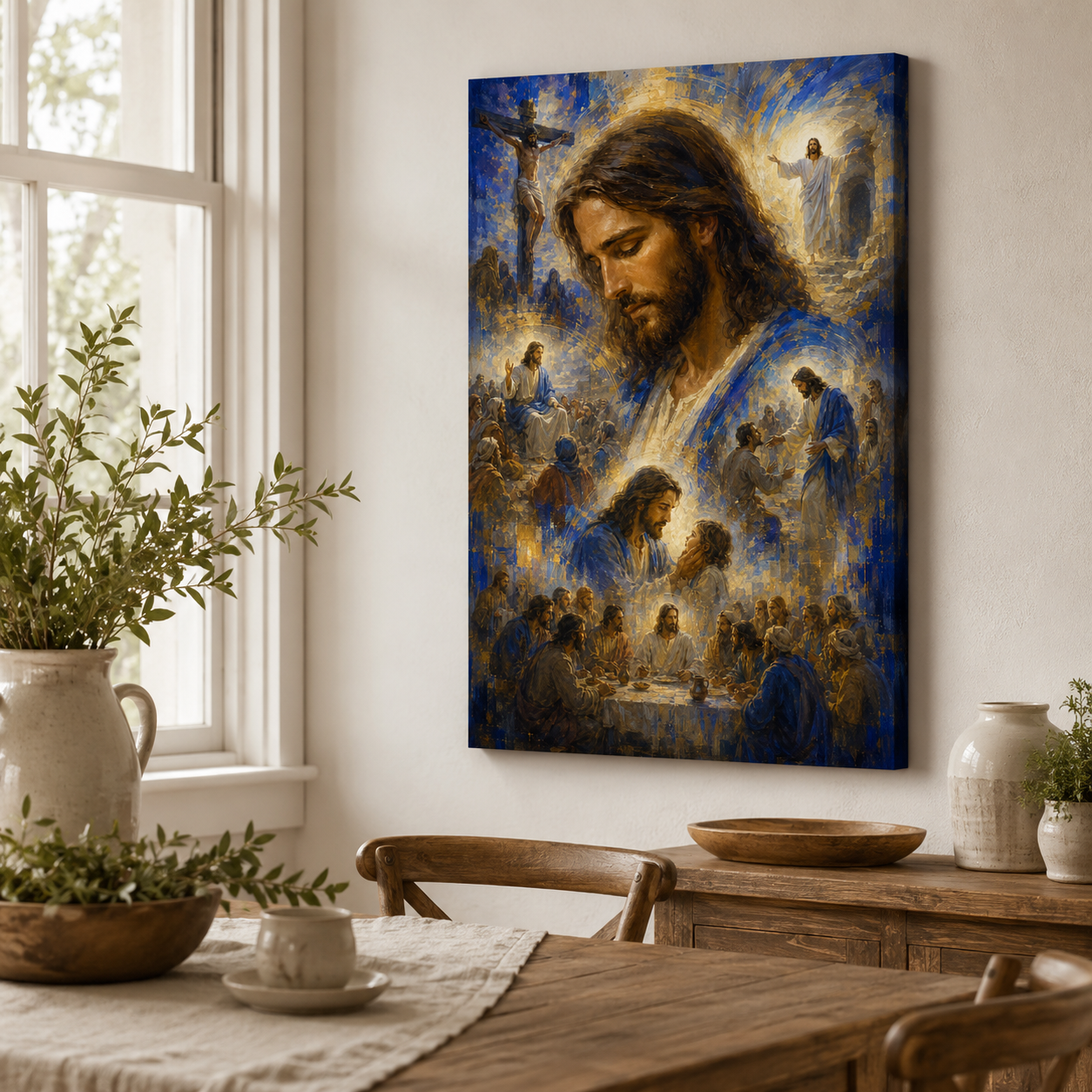 Impressionist Jesus Journey Montage Canvas Print - Blue Religious Wall Decor