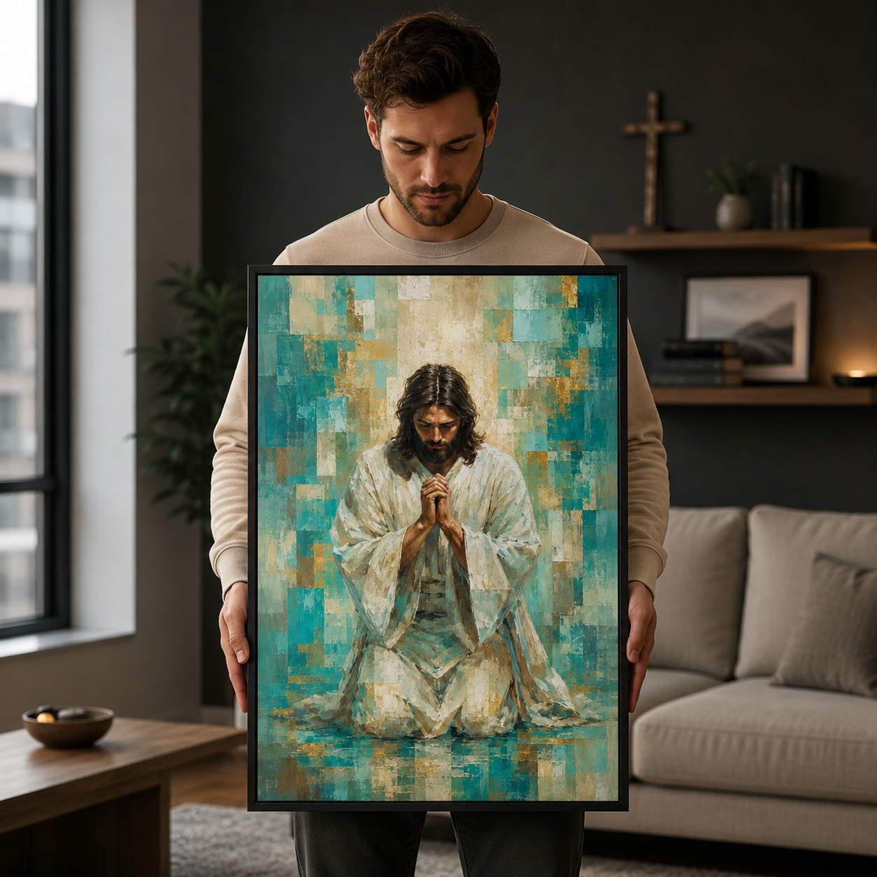 Divine Radiance: Premium Teal & Gold Jesus Canvas