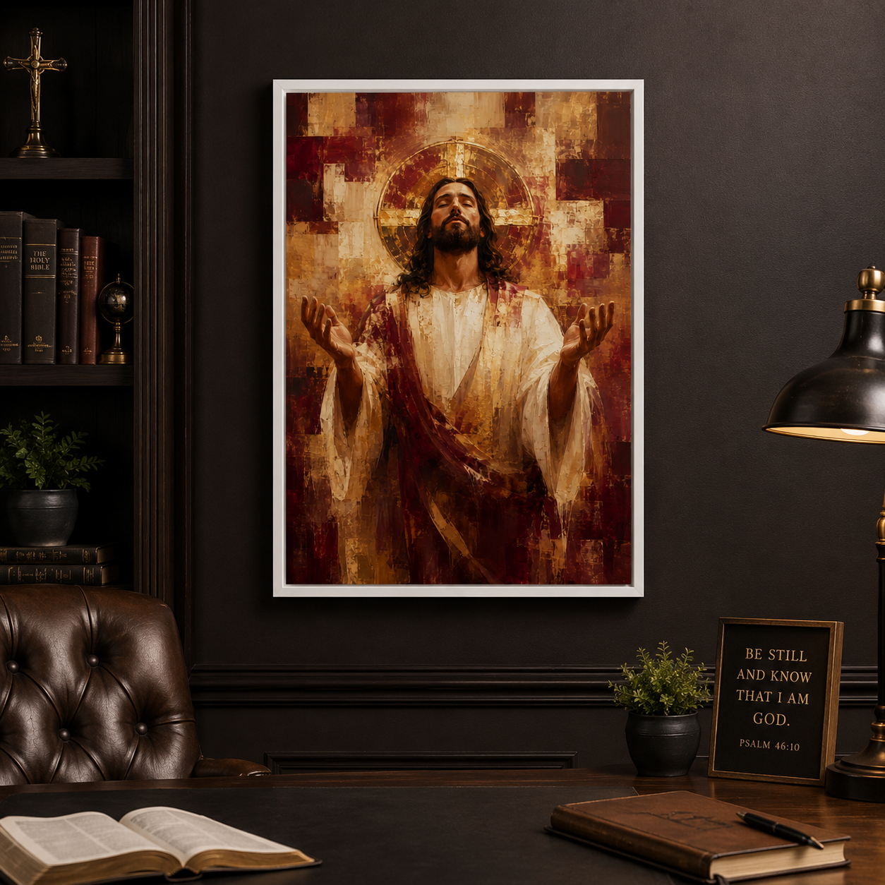 The Divine Surrender: Premium Burgundy & Gold Jesus Canvas