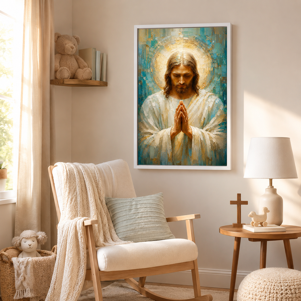 Impasto Jesus in Prayer Canvas Print - Blue Religious Wall Decor