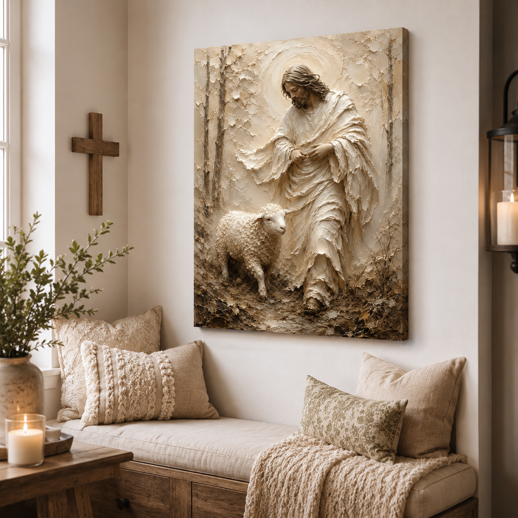 Jesus and Lamb Impasto Style Canvas Print - Modern Farmhouse Religious Art