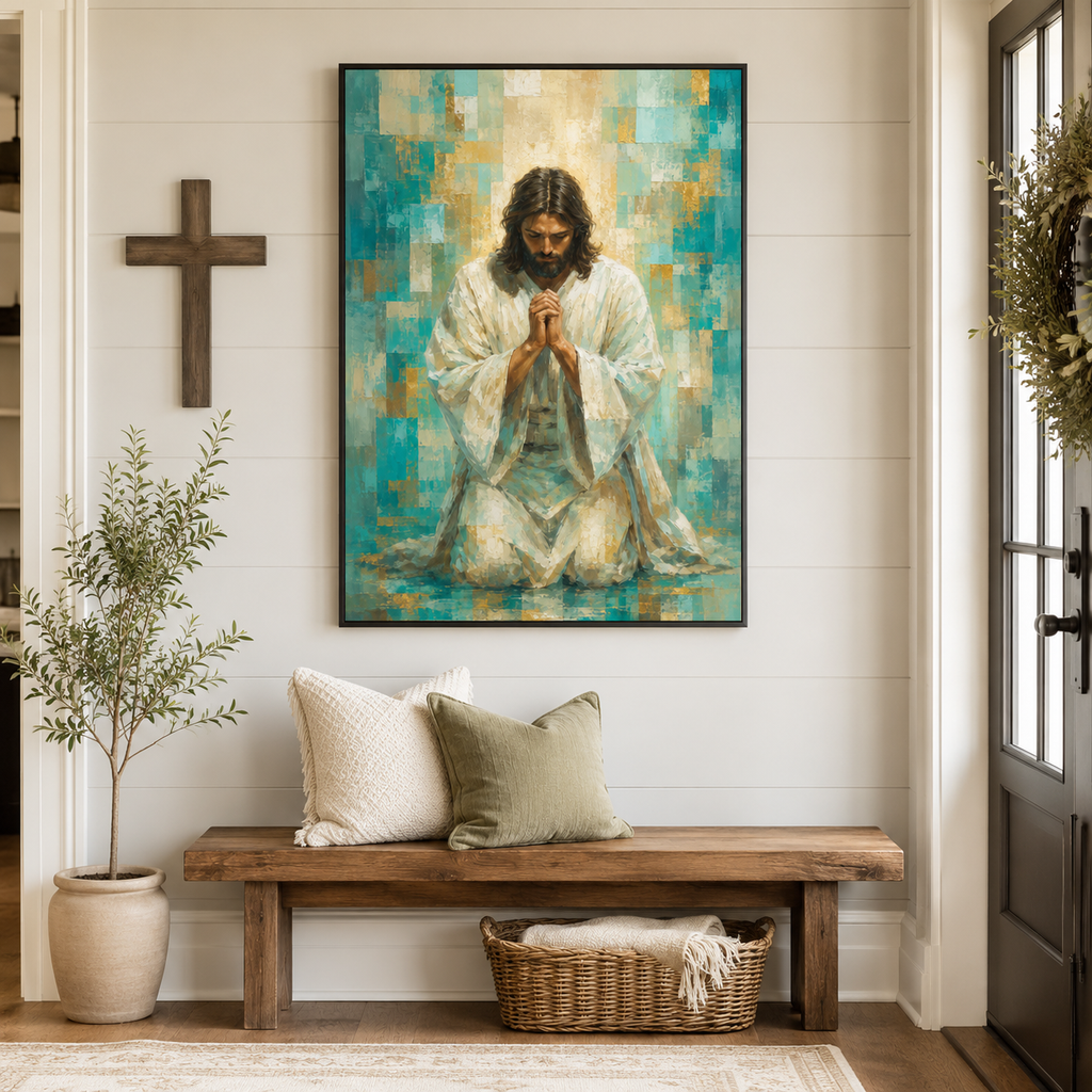 Divine Radiance: Premium Teal & Gold Jesus Canvas