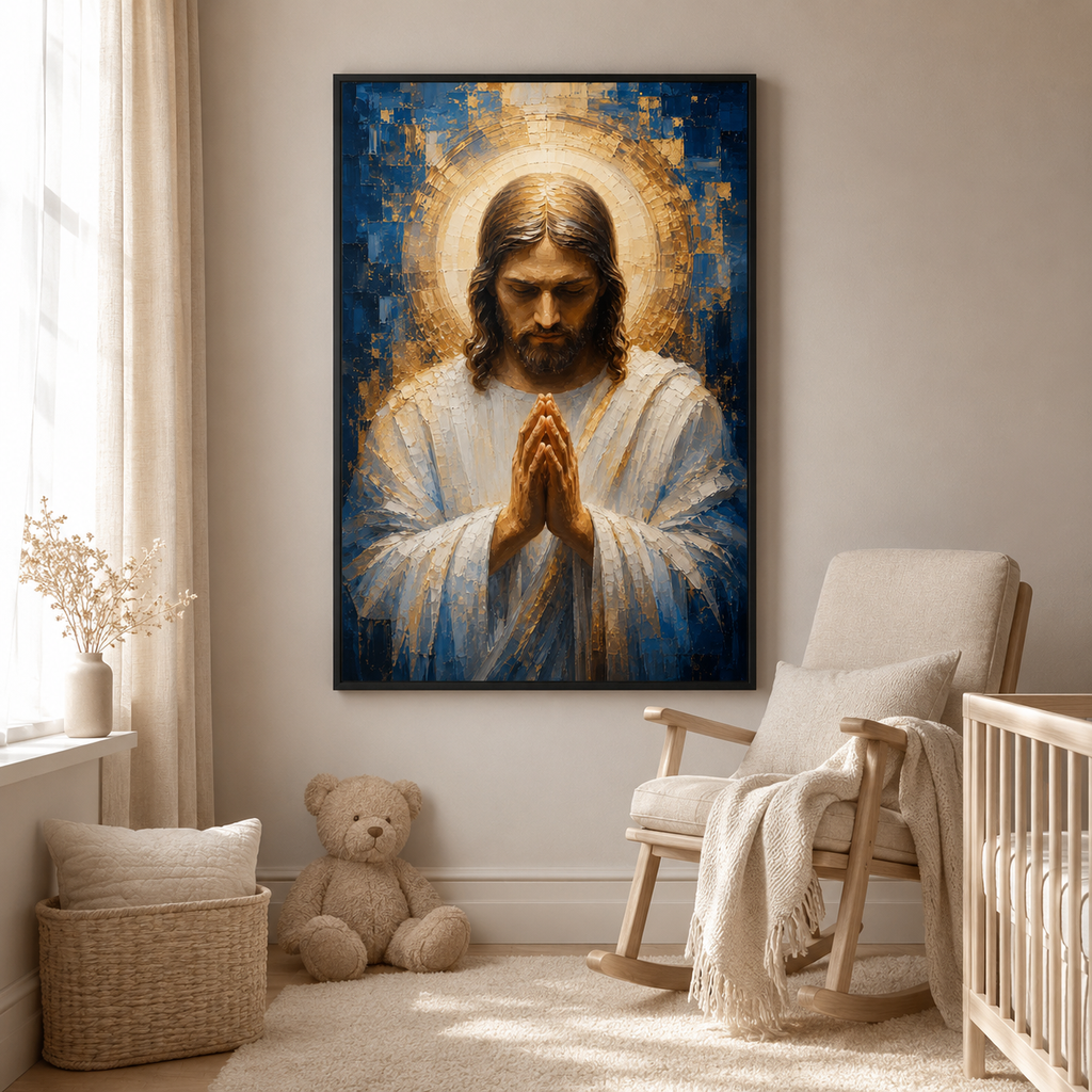 Blue and Gold Praying Jesus Canvas Wall Art - Textured Christian Decor