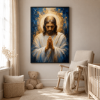 Blue and Gold Praying Jesus Canvas Wall Art - Textured Christian Decor