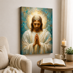 Impasto Jesus in Prayer Canvas Print - Blue Religious Wall Decor