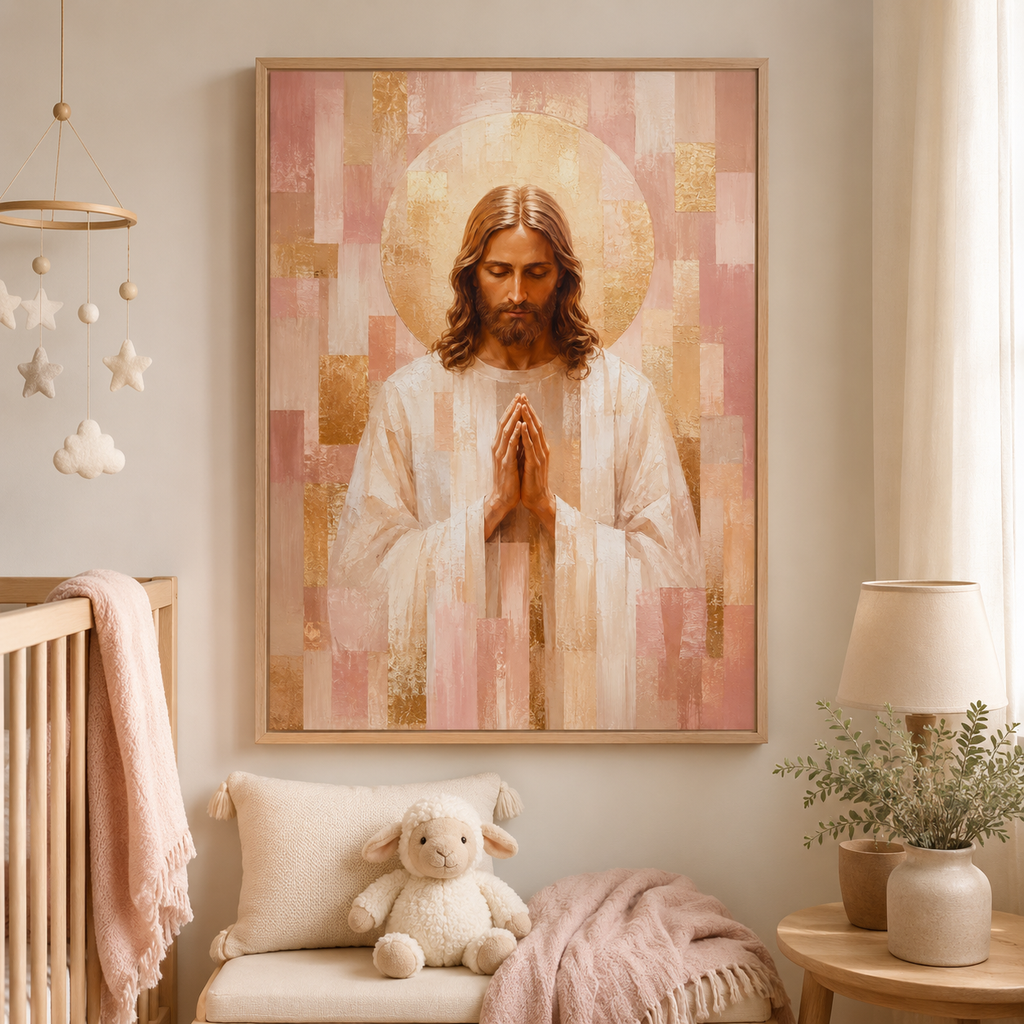 Blush Pink and Gold Geometric Praying Jesus Canvas - Modern Christian Decor