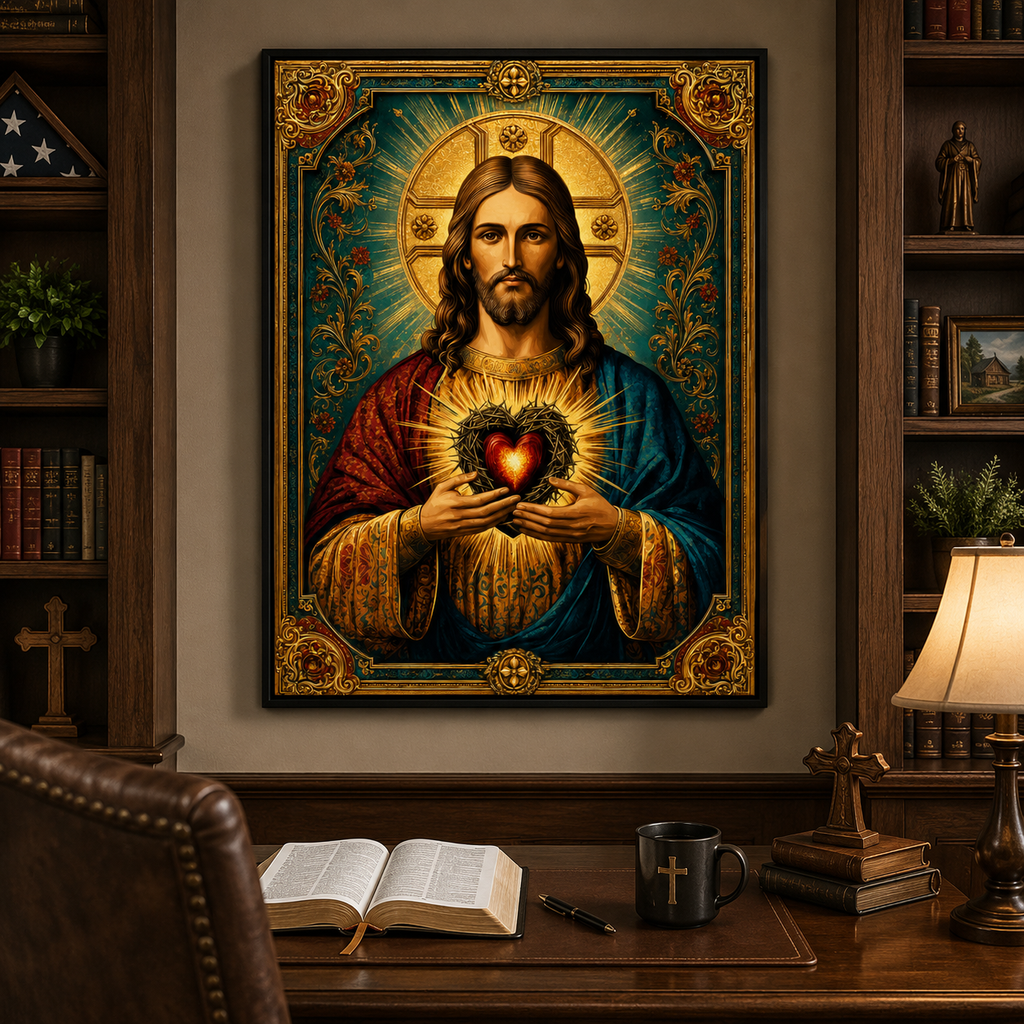 Sacred Heart of Jesus Canvas Wall Art, Catholic Christian Jesus Portrait, Vintage Religious Wall Decor, Framed Christian Gift
