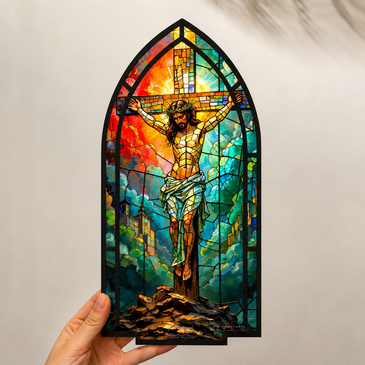 Sacred Heart Jesus Tabletop Decor: Stained Glass Aesthetic (Premium Acrylic & Wood - No Candles))