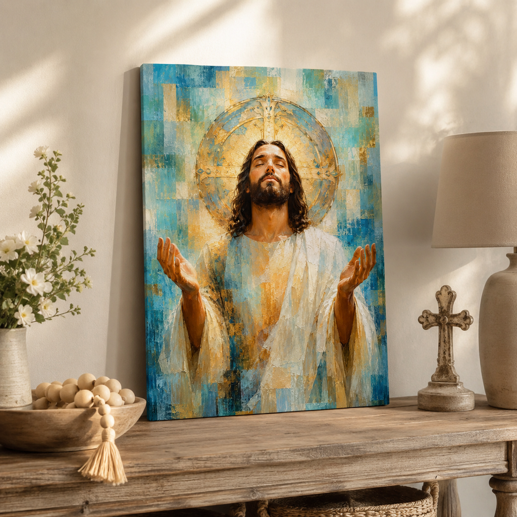 The Divine Embrace: Premium Blue & Gold Jesus Canvas