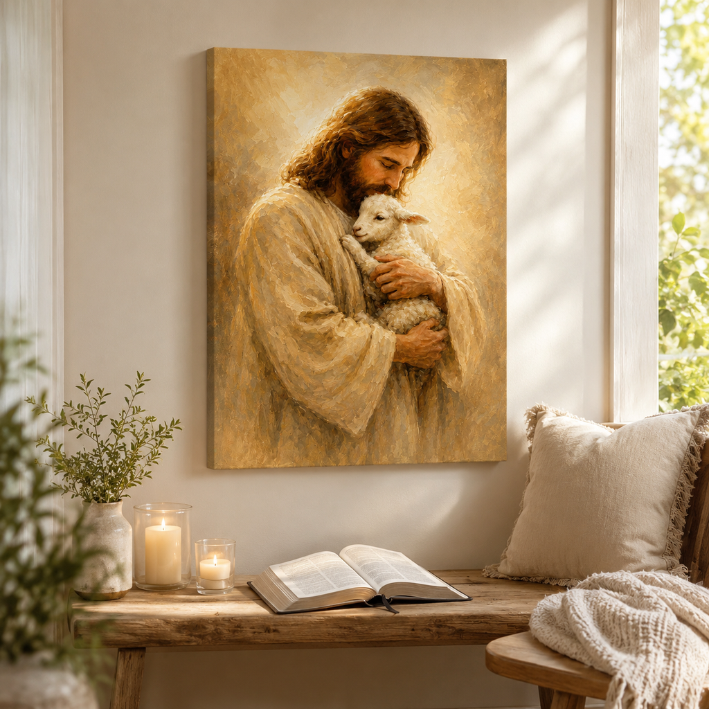 The Good Shepherd Jesus and Lamb Canvas Wall Art - Christian Home Decor