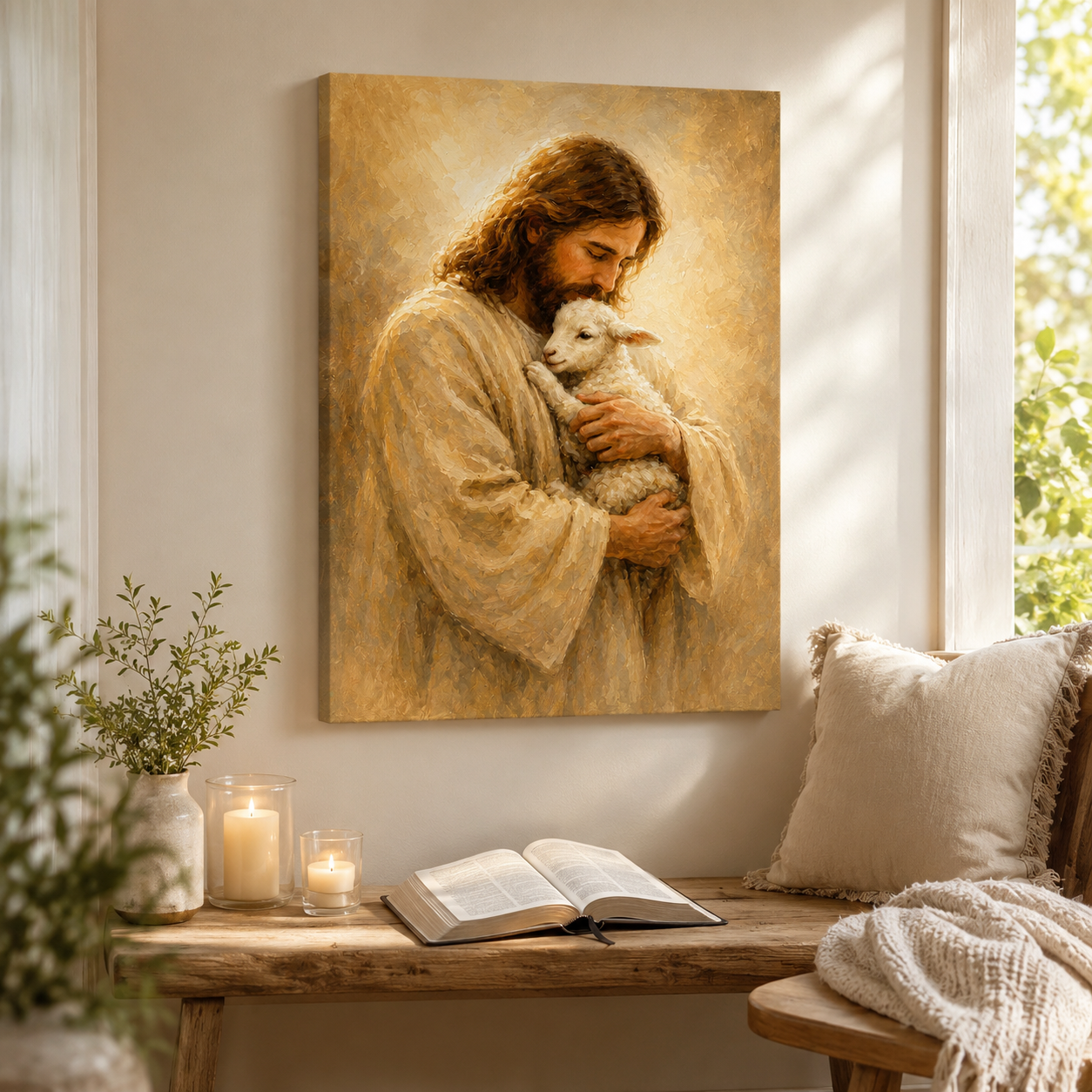 The Good Shepherd Jesus and Lamb Canvas Wall Art - Christian Home Decor