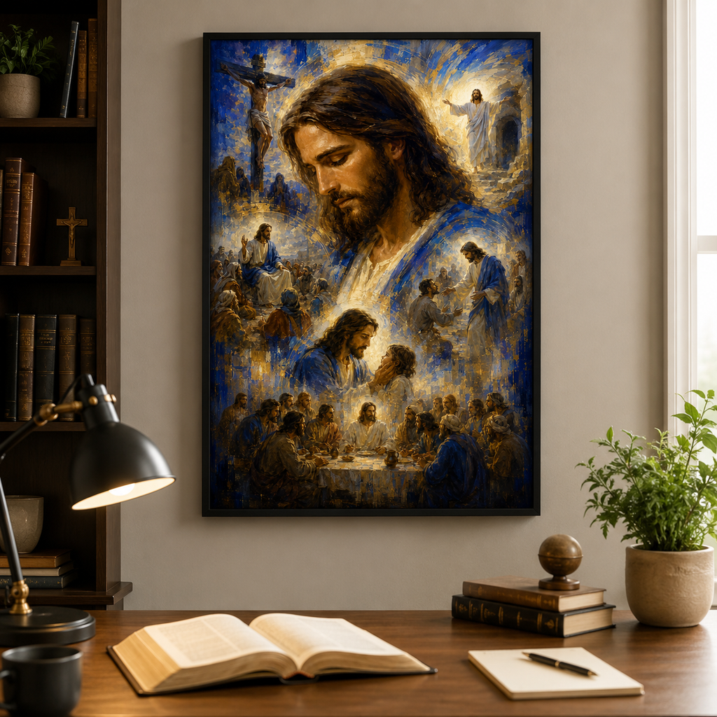 Impressionist Jesus Journey Montage Canvas Print - Blue Religious Wall Decor