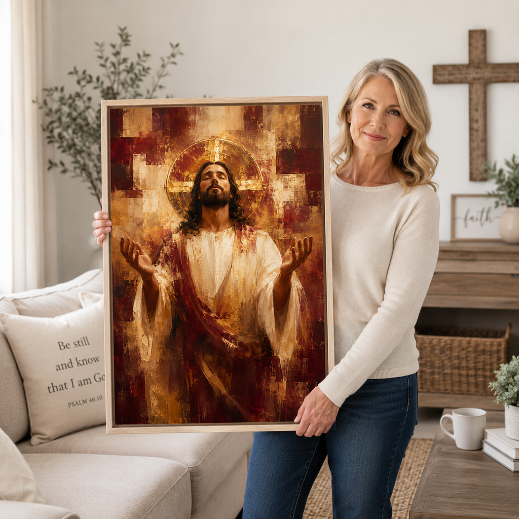 The Divine Surrender: Premium Burgundy & Gold Jesus Canvas