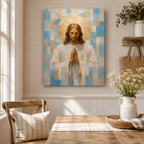 Light Blue and Gold Geometric Praying Jesus Canvas - Modern Christian Decor
