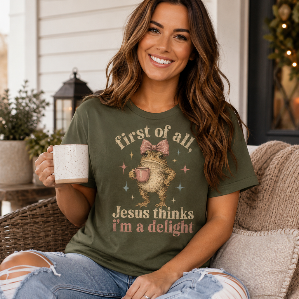Jesus Thinks I’m A Delight Shirt, Cute Christian Frog T-Shirt, First Of All Jesus Tee, Funny Faith Gift for Women