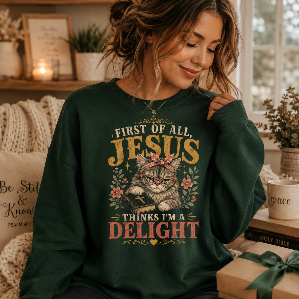 Jesus Thinks I’m A Delight Shirt, Cute Christian Cat T-Shirt, First Of All Jesus Tee, Cat Mom Faith Gift for Women