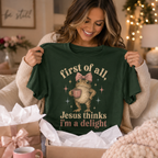 Jesus Thinks I’m A Delight Shirt, Cute Christian Frog T-Shirt, First Of All Jesus Tee, Funny Faith Gift for Women