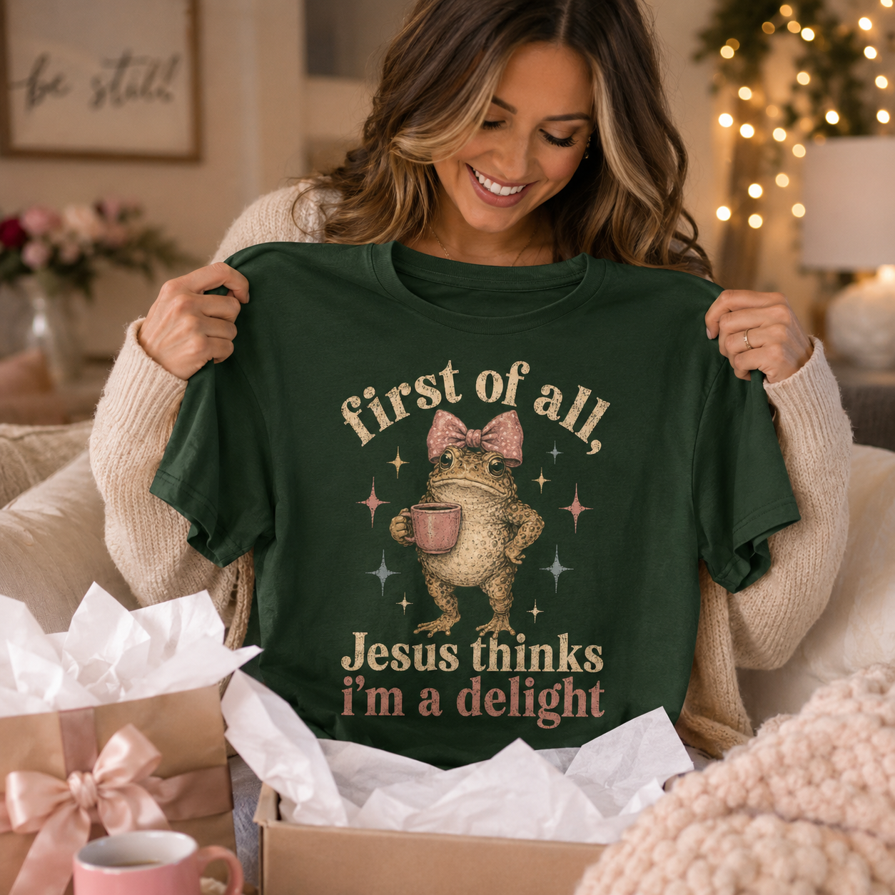 Jesus Thinks I’m A Delight Shirt, Cute Christian Frog T-Shirt, First Of All Jesus Tee, Funny Faith Gift for Women