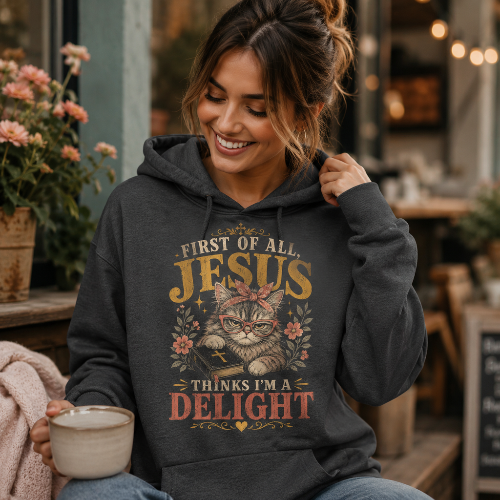 Jesus Thinks I’m A Delight Shirt, Cute Christian Cat T-Shirt, First Of All Jesus Tee, Cat Mom Faith Gift for Women