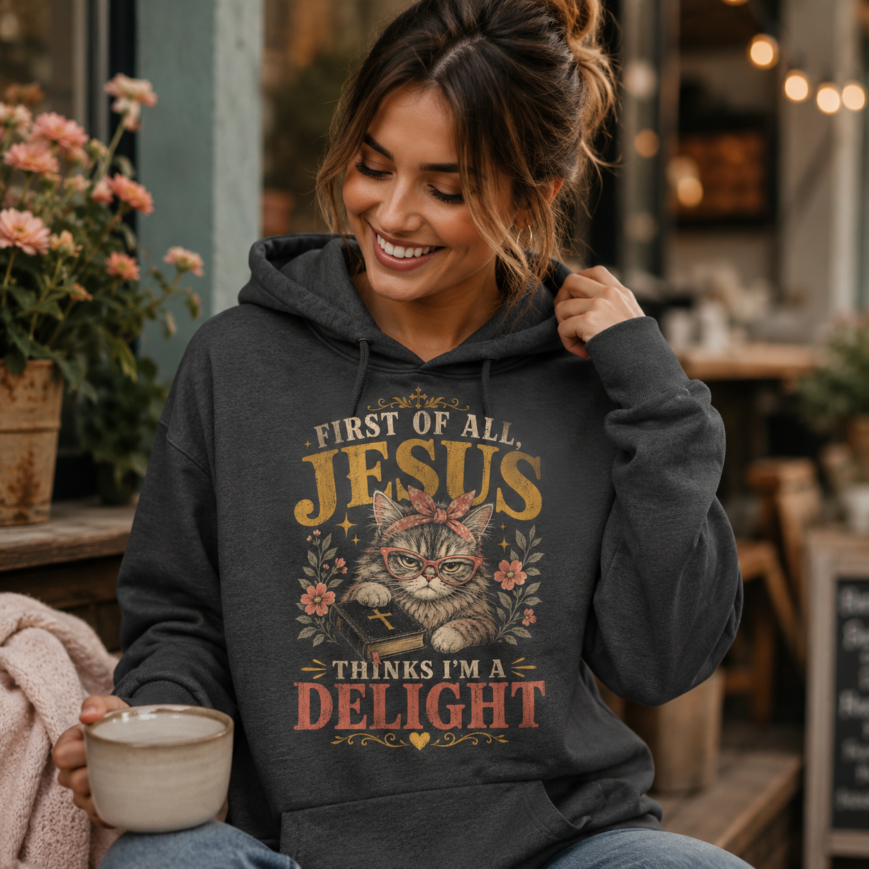 Jesus Thinks I’m A Delight Shirt, Cute Christian Cat T-Shirt, First Of All Jesus Tee, Cat Mom Faith Gift for Women