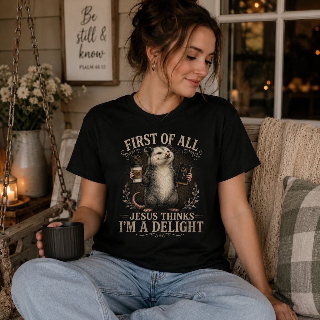 Jesus Thinks I’m A Delight Shirt, Cute Christian Opossum T-Shirt, First Of All Jesus Tee, Funny Faith Gift for Women