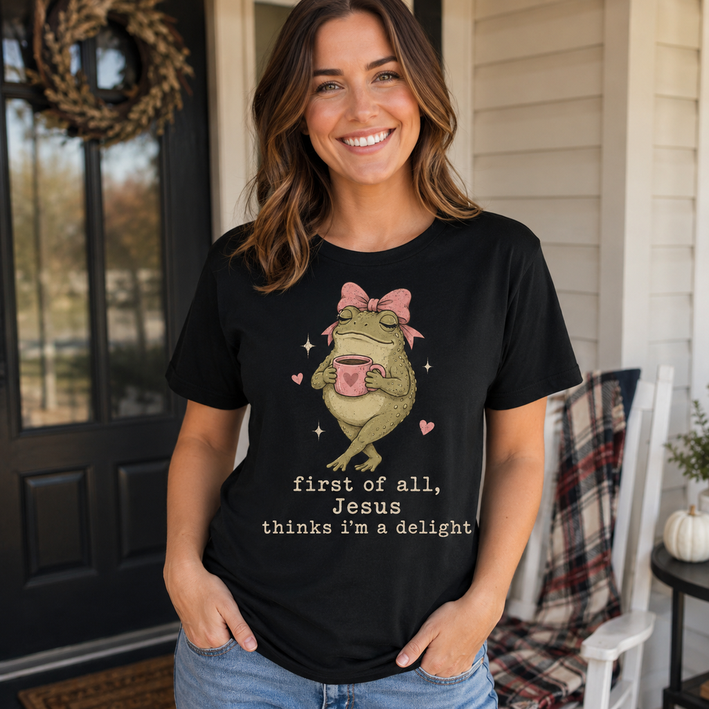 Jesus Thinks I’m A Delight Shirt, Cute Christian Frog T-Shirt, Faith Based Funny Jesus Tee, Coquette Bow Gift for Women