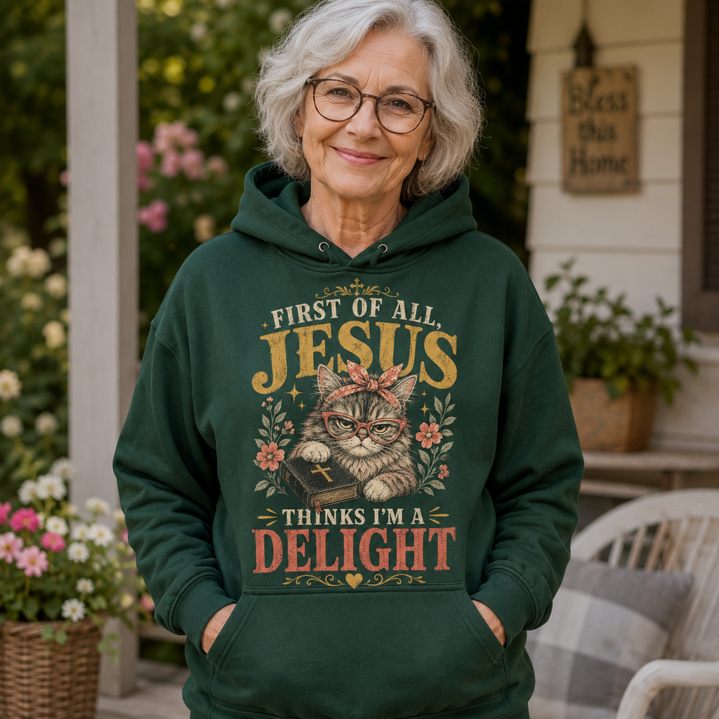 Jesus Thinks I’m A Delight Shirt, Cute Christian Cat T-Shirt, First Of All Jesus Tee, Cat Mom Faith Gift for Women